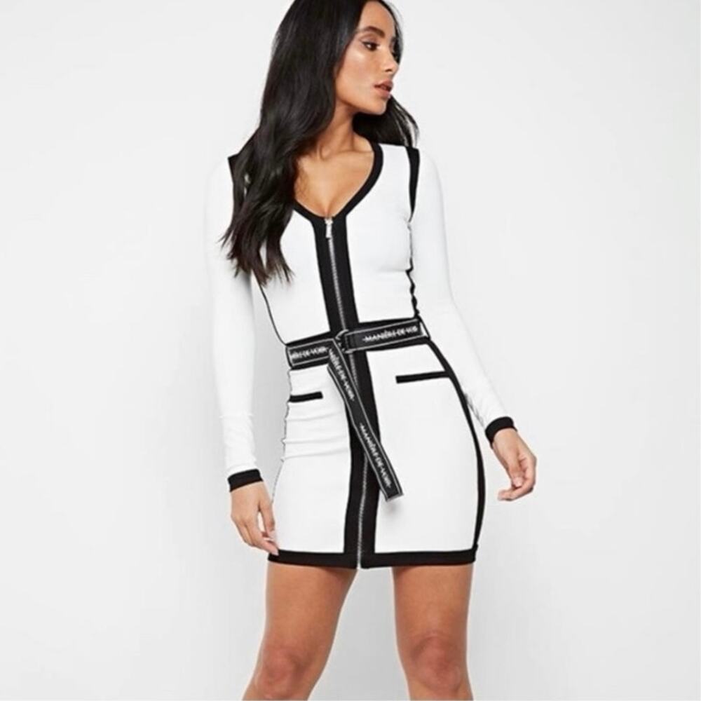 White Long-Sleeve Bodycon Dress with Black Trim
